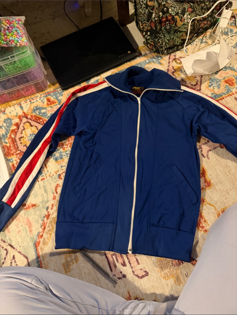Vintage 70s Men's Blue Bomber Jacket with Red & White Sleeve Stripes